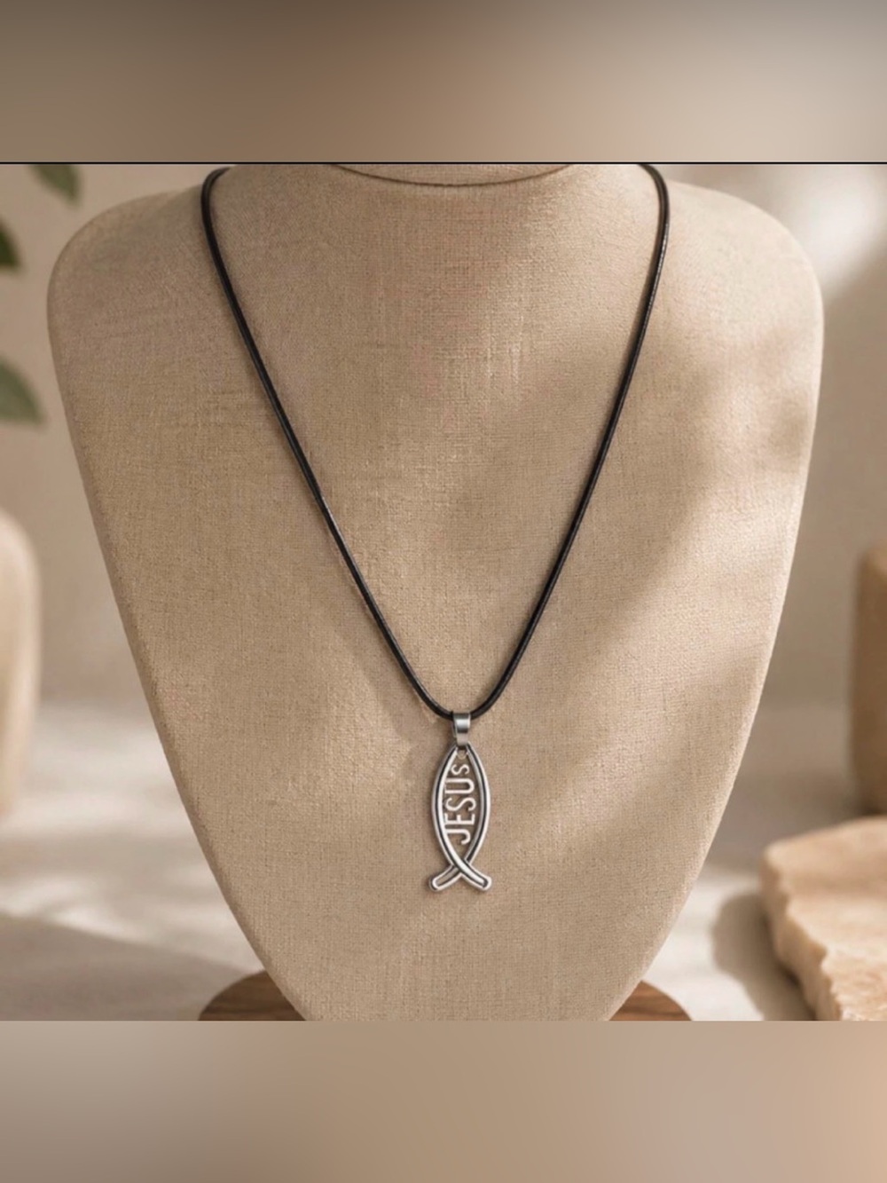 Jesus Fish Pendant Necklace - Black Cord